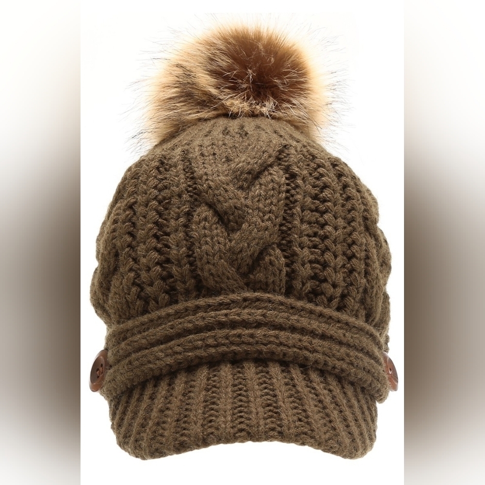 Olive Chunky Cable Knit Pom Pom Visor Beanie
